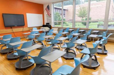 Classroom with courtyard garden view